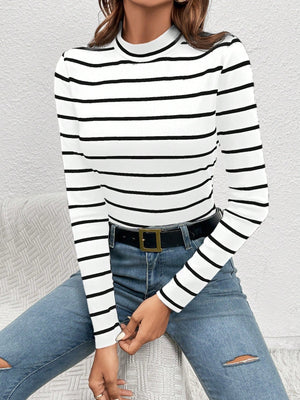 Frenchy Women's Round Neck Long Sleeve Striped Casual Top - Negative Apparel