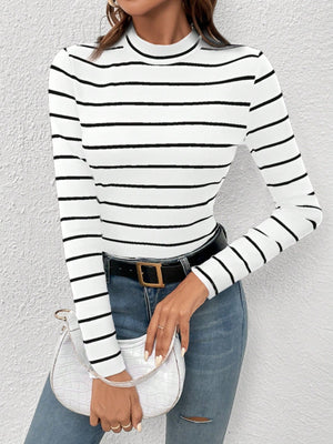 Frenchy Women's Round Neck Long Sleeve Striped Casual Top - Negative Apparel