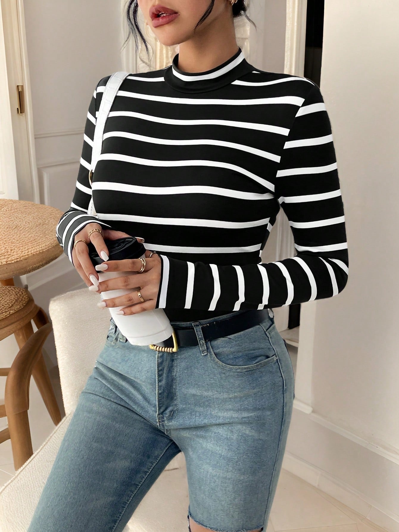 Frenchy Women's Round Neck Long Sleeve Striped Casual Top - Negative Apparel