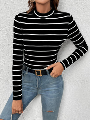 Frenchy Women's Round Neck Long Sleeve Striped Casual Top - Negative Apparel