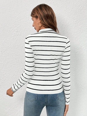 Frenchy Women's Round Neck Long Sleeve Striped Casual Top - Negative Apparel