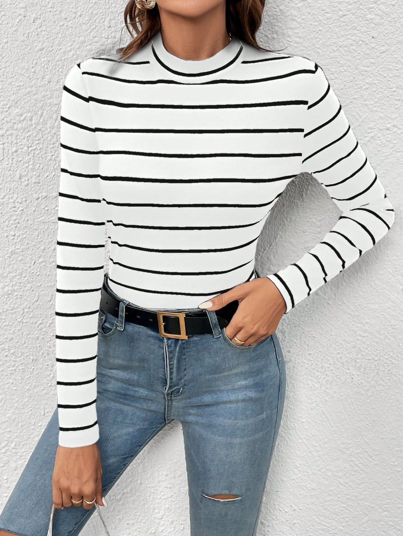 Frenchy Women's Round Neck Long Sleeve Striped Casual Top - Negative Apparel