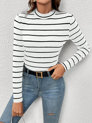 Frenchy Women's Round Neck Long Sleeve Striped Casual Top - Negative Apparel