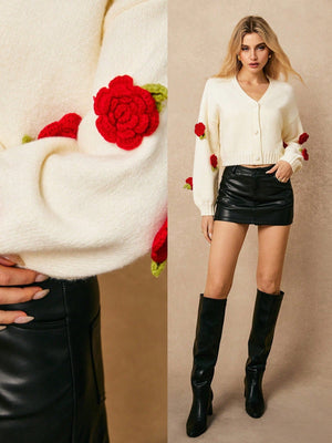 Front Button Long Sleeve Floral Decor Minimalist Casual Long Sleeve Simple Casual Knit Cardigan FD - Negative Apparel