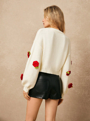 Front Button Long Sleeve Floral Decor Minimalist Casual Long Sleeve Simple Casual Knit Cardigan FD - Negative Apparel