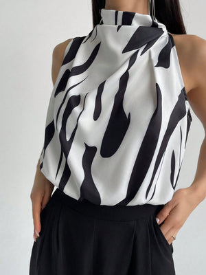 Full Printed High Neck Sleeveless Women's Blouse,Sleeveless Tops - Negative Apparel