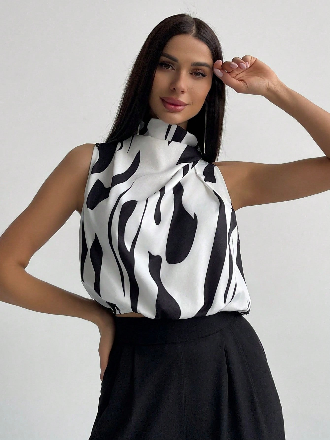 Full Printed High Neck Sleeveless Women's Blouse,Sleeveless Tops - Negative Apparel