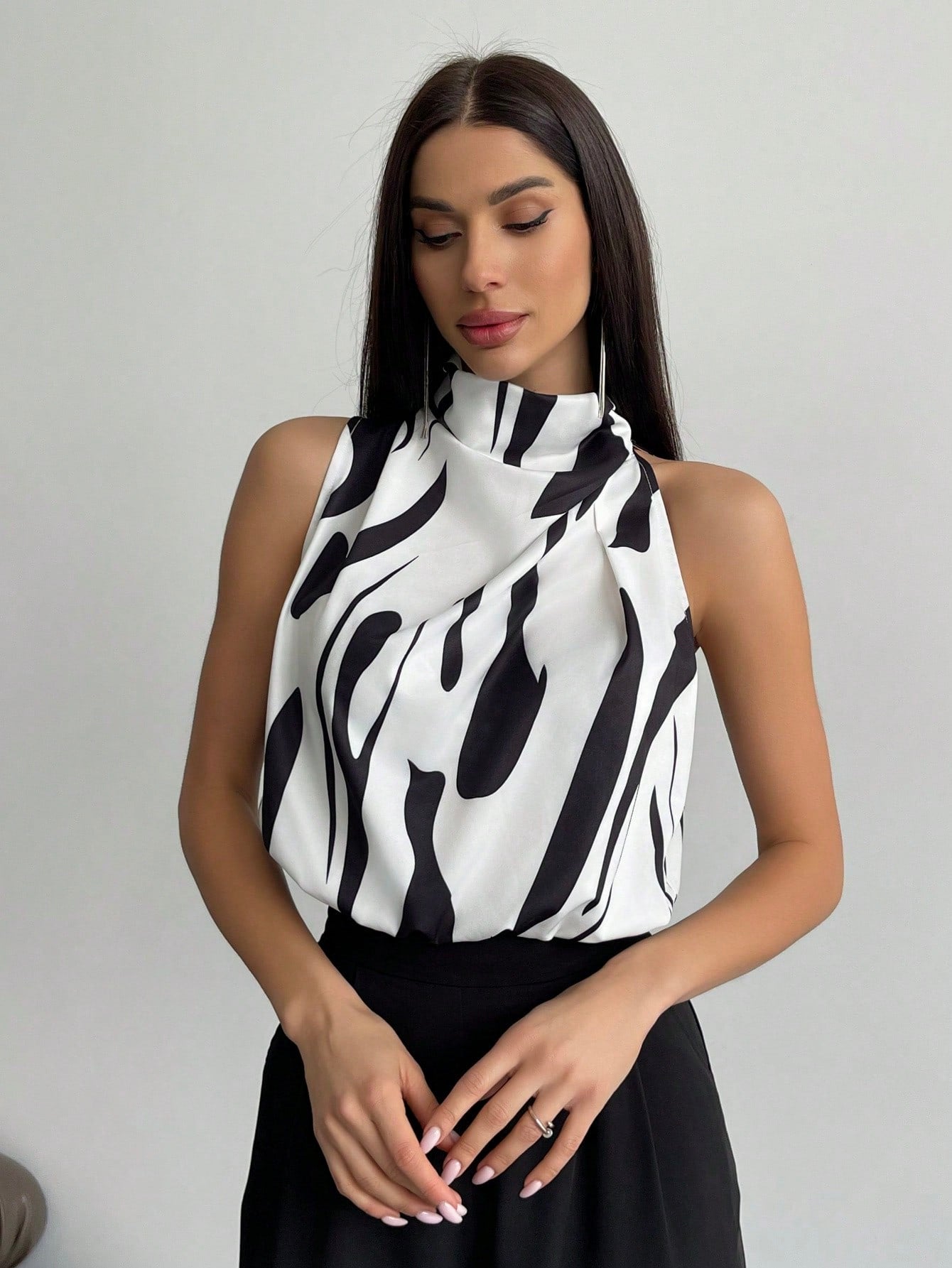 Full Printed High Neck Sleeveless Women's Blouse,Sleeveless Tops - Negative Apparel