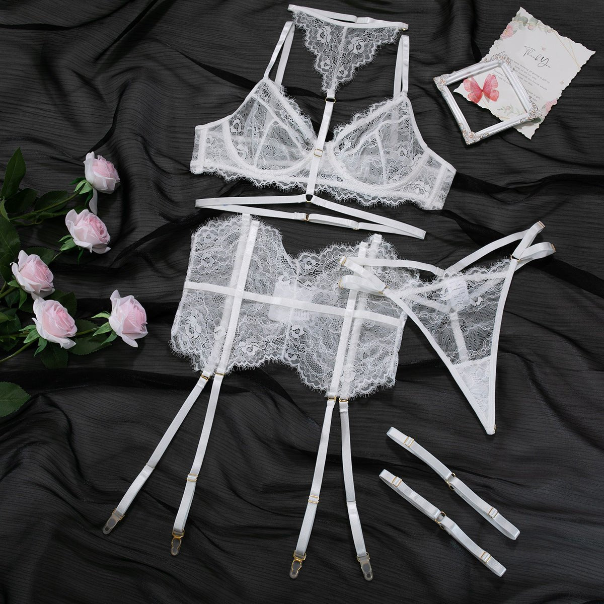 Fun three - piece set lace eyelash fishbone splicing with choker - Negative Apparel