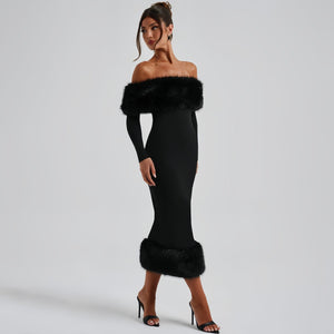 Fur collar one - shoulder long - sleeved slim evening dress - Negative Apparel