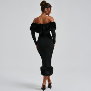 Fur collar one - shoulder long - sleeved slim evening dress - Negative Apparel