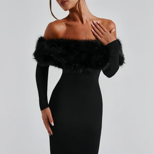 Fur collar one - shoulder long - sleeved slim evening dress - Negative Apparel