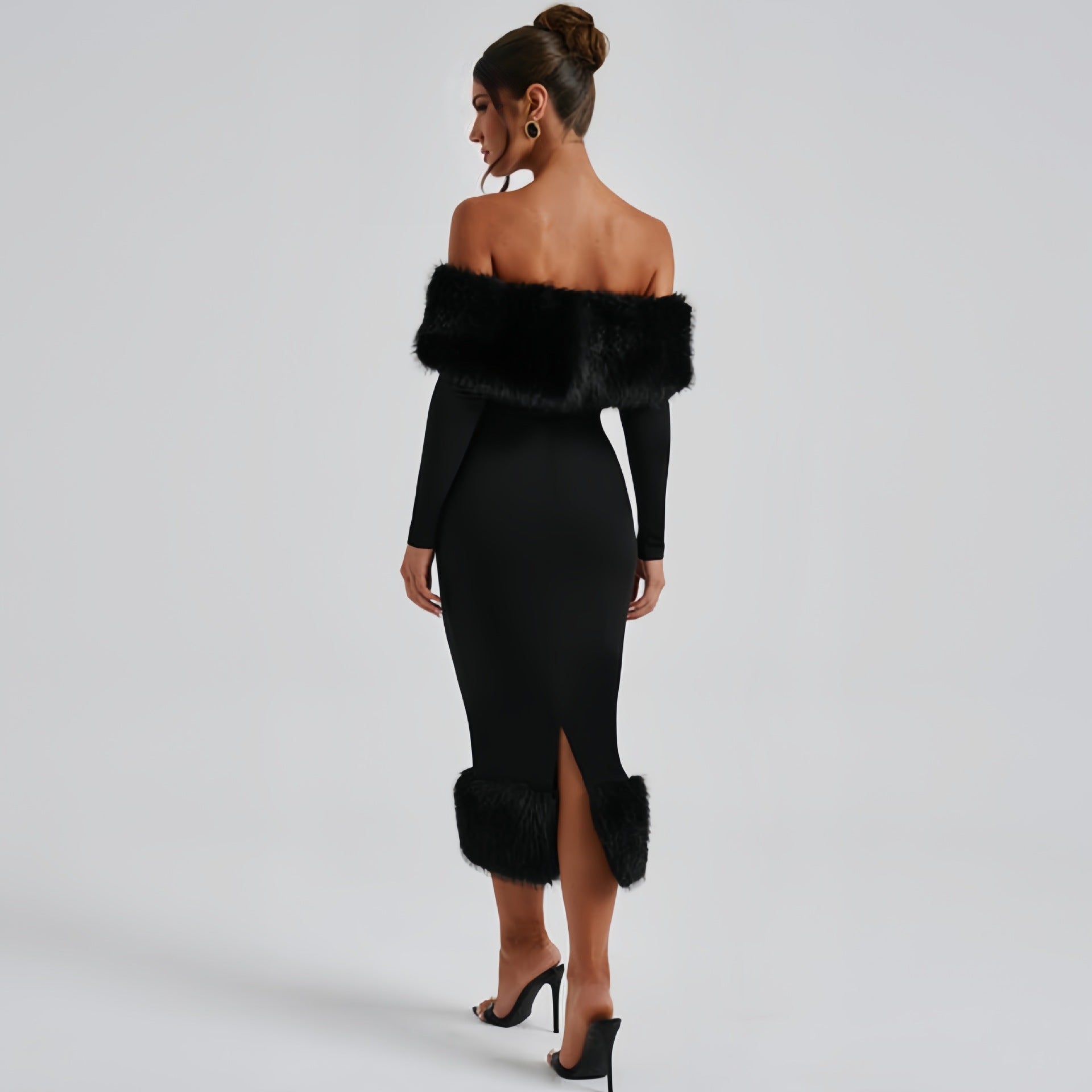 one shoulder fur dress GUIZIO Faux Fur Off the Shoulder Mini Dress in Black