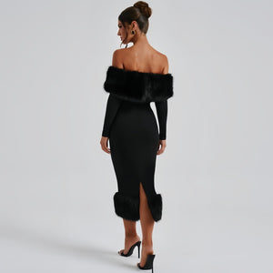 Fur collar one - shoulder long - sleeved slim evening dress - Negative Apparel