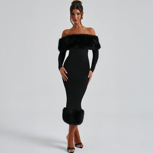 Fur collar one - shoulder long - sleeved slim evening dress - Negative Apparel