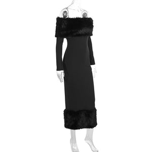 Fur collar one - shoulder long - sleeved slim evening dress - Negative Apparel