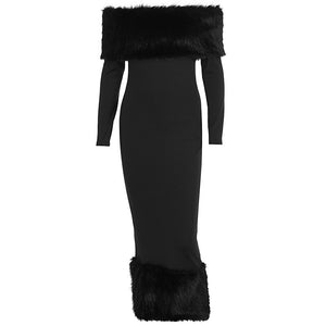 Fur collar one - shoulder long - sleeved slim evening dress - Negative Apparel