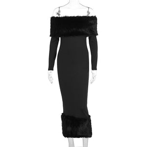 Fur collar one - shoulder long - sleeved slim evening dress - Negative Apparel