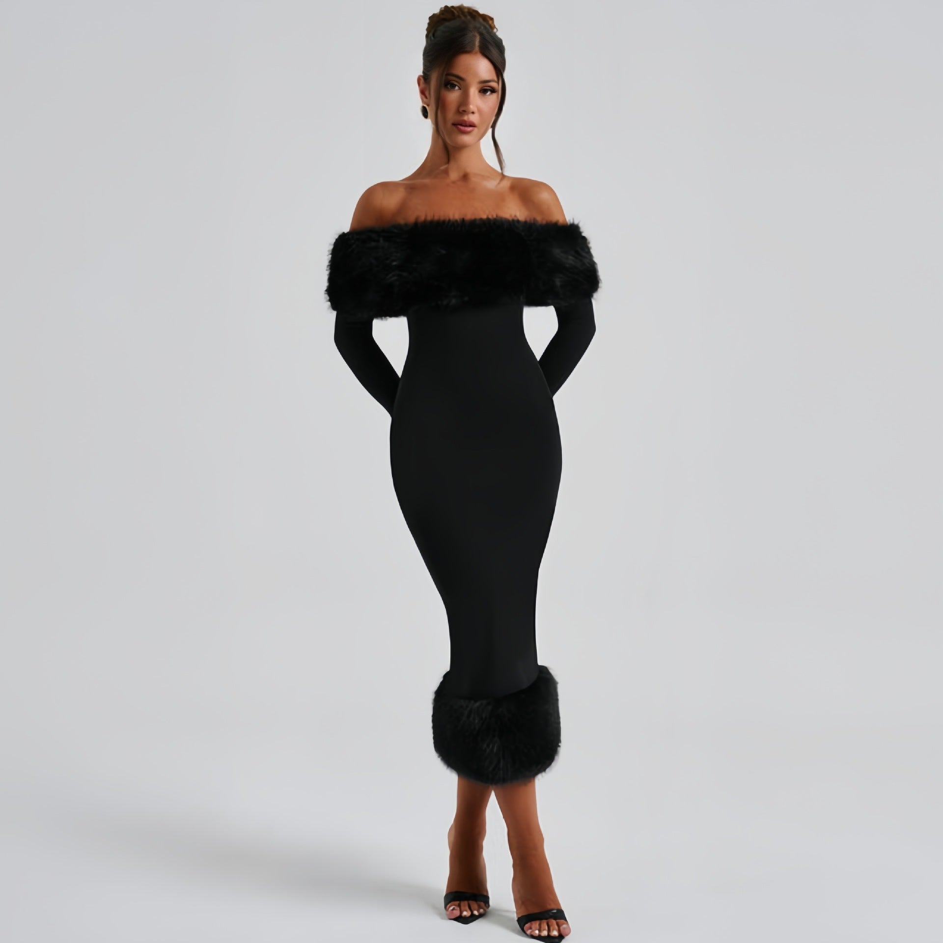 Fur collar one - shoulder long - sleeved slim evening dress - Negative Apparel