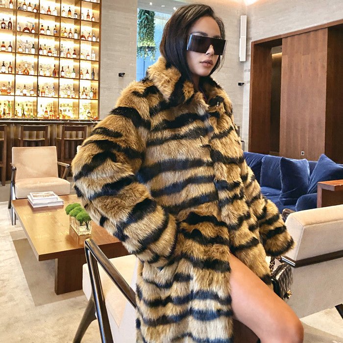 Fur imitation fur coat imitation tiger pattern extended artificial fur jacket loose and light luxury - Negative Apparel