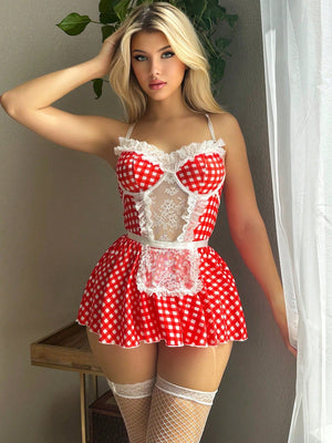 Gingham Contrast Lace Underwire Slips With Thong & 1pair Stockings - Negative Apparel