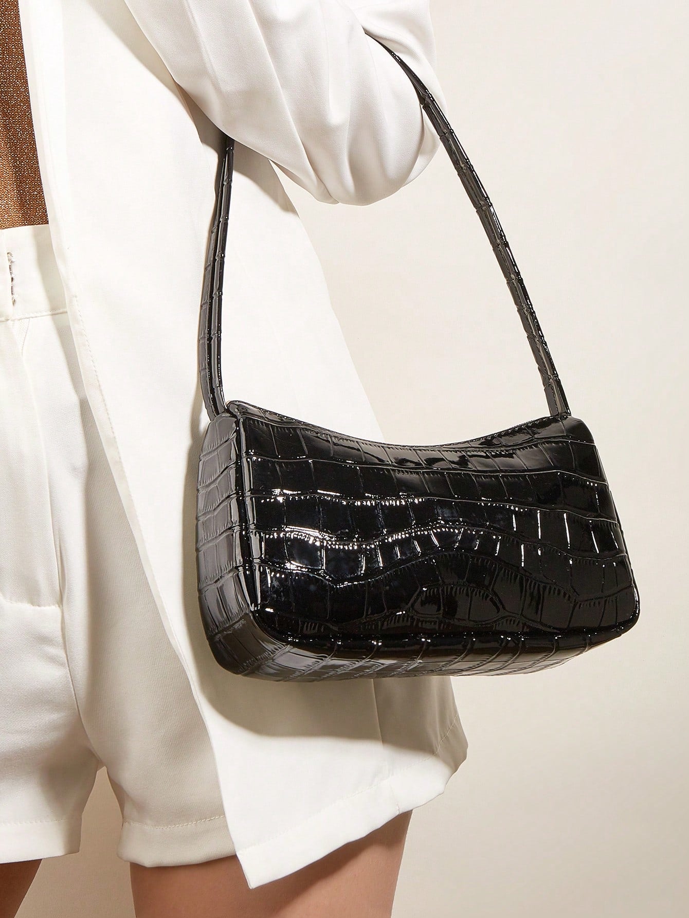 Glossy Crocodile Pattern Minimalist Shoulder Bag - Negative Apparel