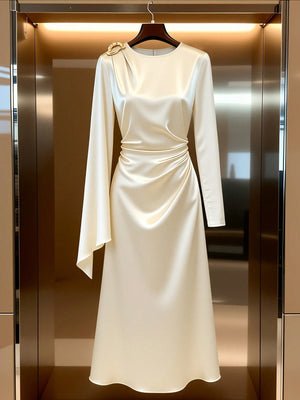 GlowEve Women's Elegant Long Sleeve Asymmetrical Dress with Metallic Pleats, Apricot Color, Suitable for Autumn and Winter - Negative Apparel