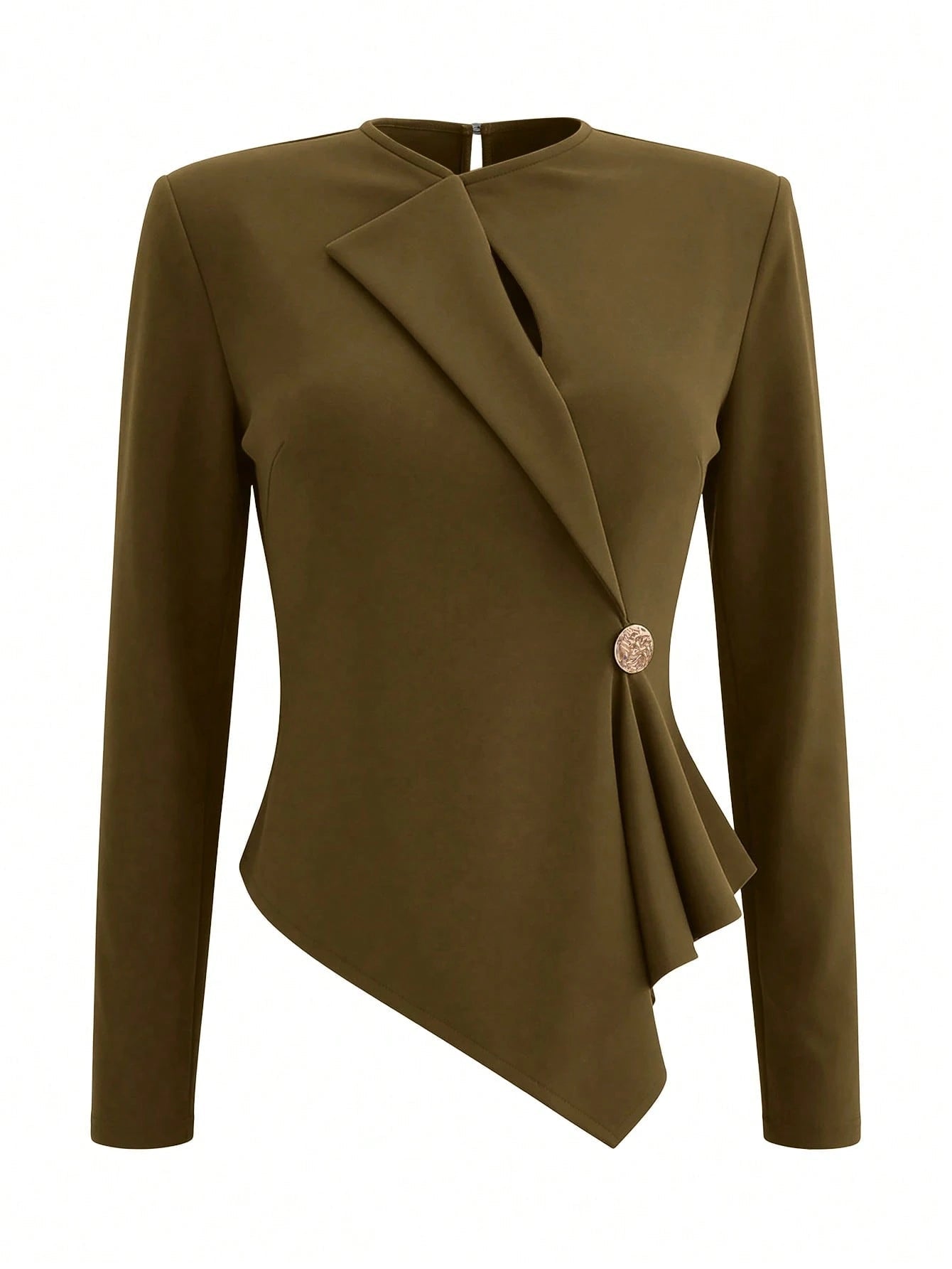 GlowEve Women's Solid Color New Round Neck Cinched Waist Metal Buckle Faux Wrap Regular Length Elegant Blouse, Suitable For Party, Daily Wear, Commuting, Autumn FD - Negative Apparel