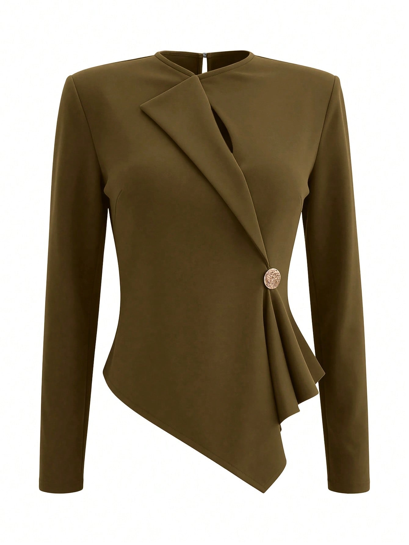 GlowEve Women's Solid Color New Round Neck Cinched Waist Metal Buckle Faux Wrap Regular Length Elegant Blouse, Suitable For Party, Daily Wear, Commuting, Autumn FD - Negative Apparel