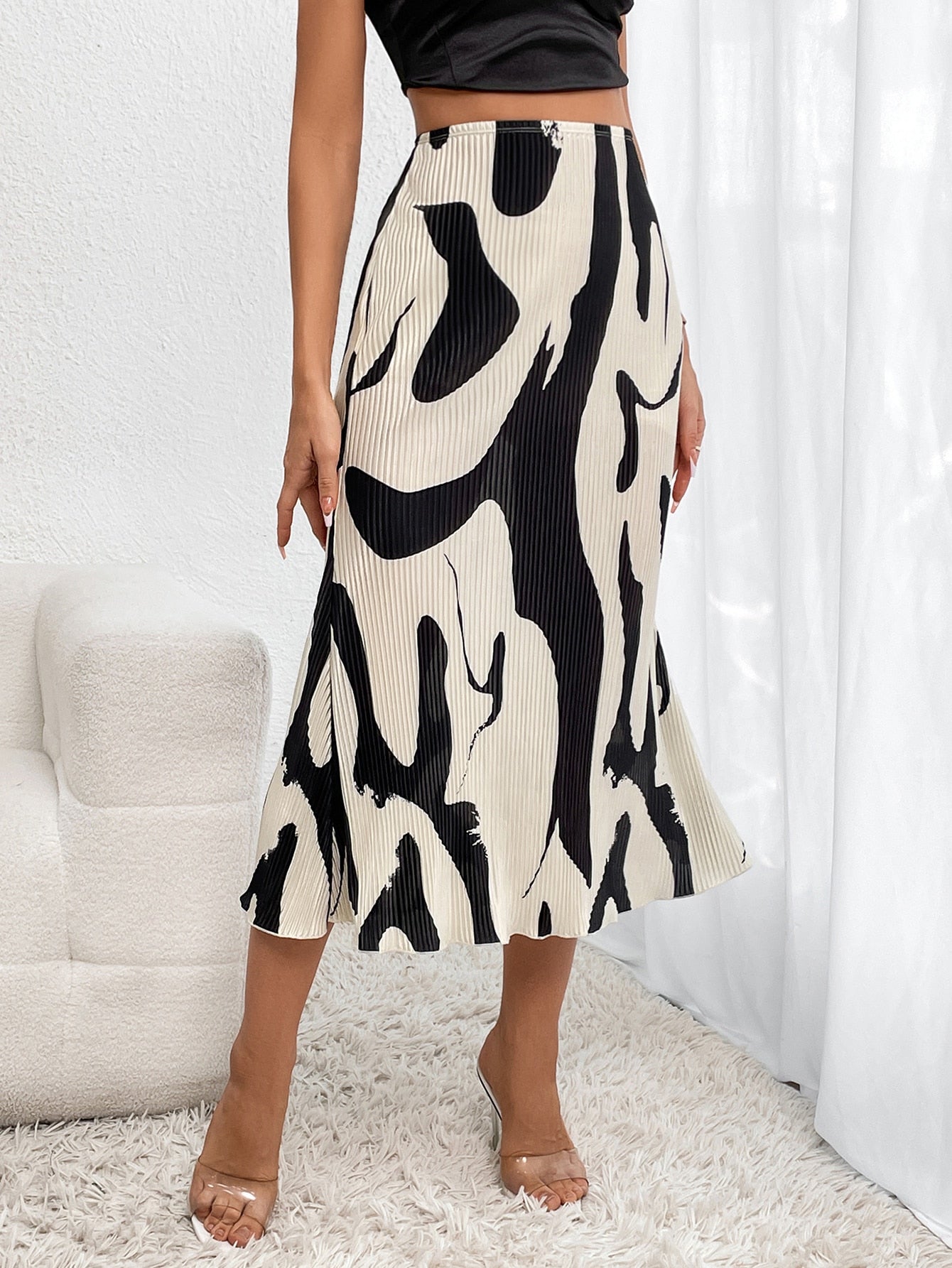 Graphic Print Plisse Long Skirt - Negative Apparel