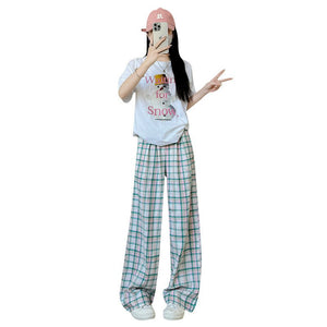 Green plaid pants women's pants casual versatile spring and summer new straight - leg pants Korean retro loose mopping wide - leg pants - Negative Apparel