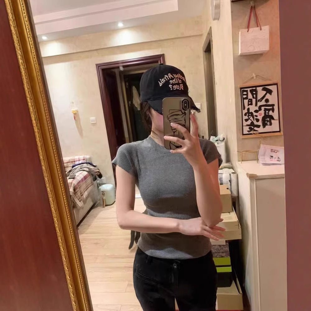 Grey hollowed - out shoulder knitted short - sleeved t-shirt women's summer 2025 new design niche tight short top - Negative Apparel