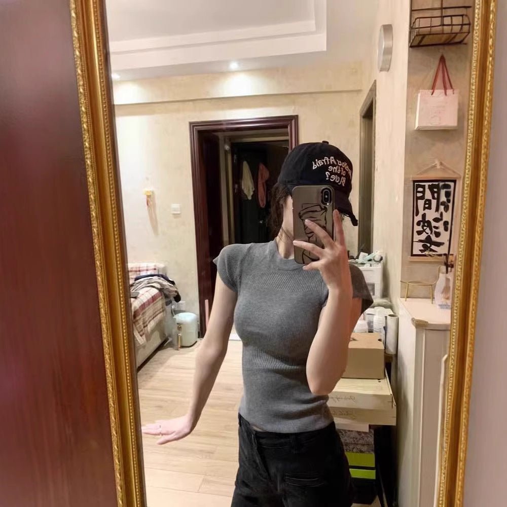 Grey hollowed - out shoulder knitted short - sleeved t-shirt women's summer 2025 new design niche tight short top - Negative Apparel