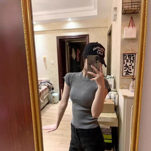 Grey hollowed - out shoulder knitted short - sleeved t-shirt women's summer 2025 new design niche tight short top - Negative Apparel