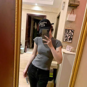 Grey hollowed - out shoulder knitted short - sleeved t-shirt women's summer 2025 new design niche tight short top - Negative Apparel