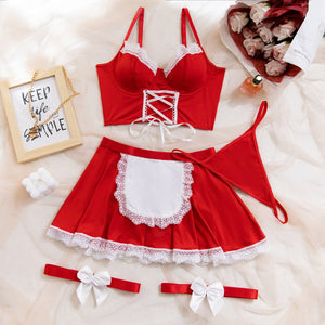 Half - chest strap maid uniform apron lace four - piece set - Negative Apparel