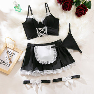 Half - chest strap maid uniform apron lace four - piece set - Negative Apparel