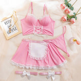 Half - chest strap maid uniform apron lace four - piece set - Negative Apparel