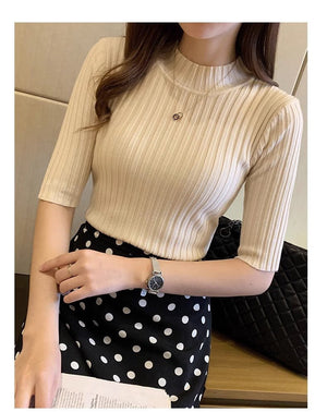 Half - high collar slim - fitting mid - sleeve knitted style pit striped top - Negative Apparel