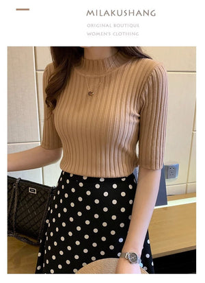 Half - high collar slim - fitting mid - sleeve knitted style pit striped top - Negative Apparel