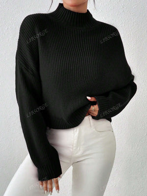 Half Turtleneck Drop Shoulder Sleeve Pullover Sweater - Negative Apparel