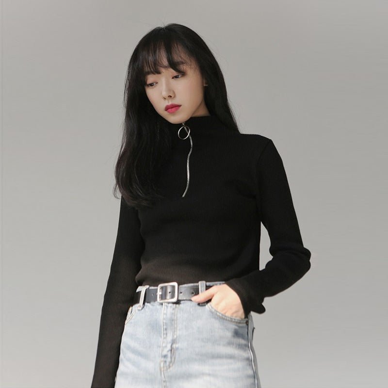 Half turtleneck ring zipper slim fit long sleeves knitted sweater top - Negative Apparel