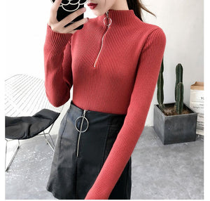 Half turtleneck ring zipper slim fit long sleeves knitted sweater top - Negative Apparel