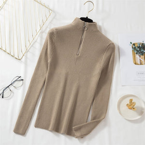 Half turtleneck ring zipper slim fit long sleeves knitted sweater top - Negative Apparel