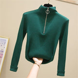 Half turtleneck ring zipper slim fit long sleeves knitted sweater top - Negative Apparel