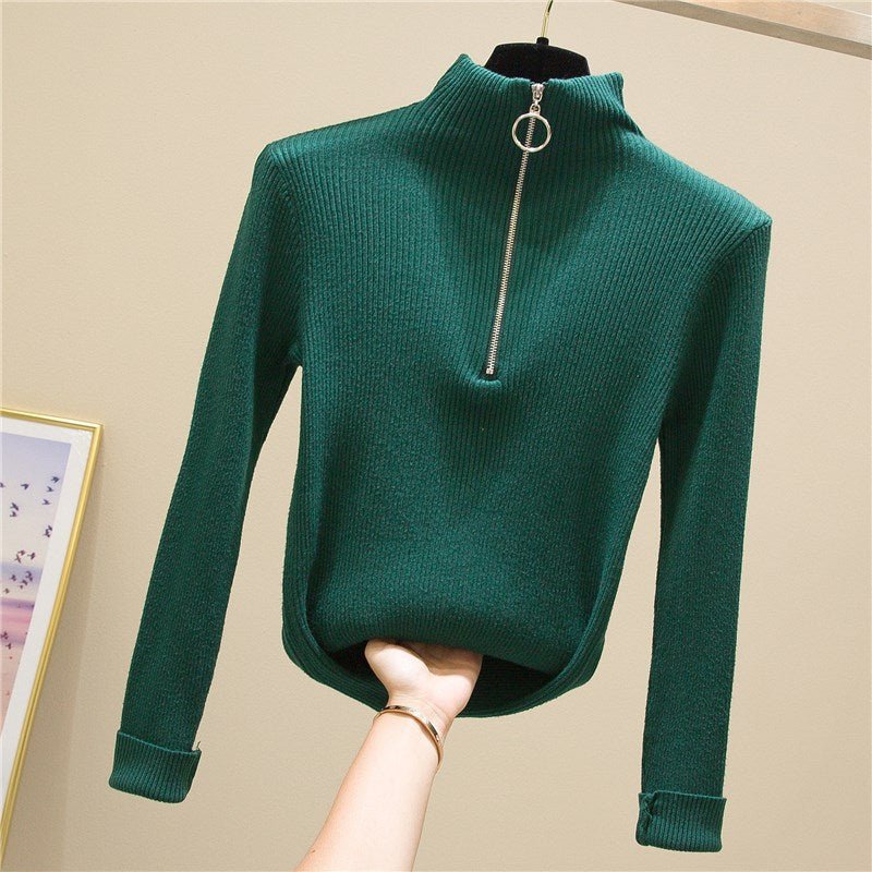 Half turtleneck ring zipper slim fit long sleeves knitted sweater top - Negative Apparel