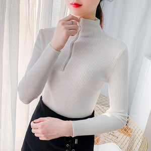 Half turtleneck ring zipper slim fit long sleeves knitted sweater top - Negative Apparel