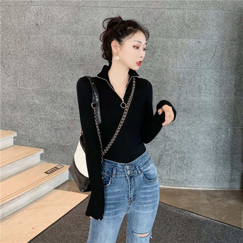 Half turtleneck ring zipper slim fit long sleeves knitted sweater top - Negative Apparel