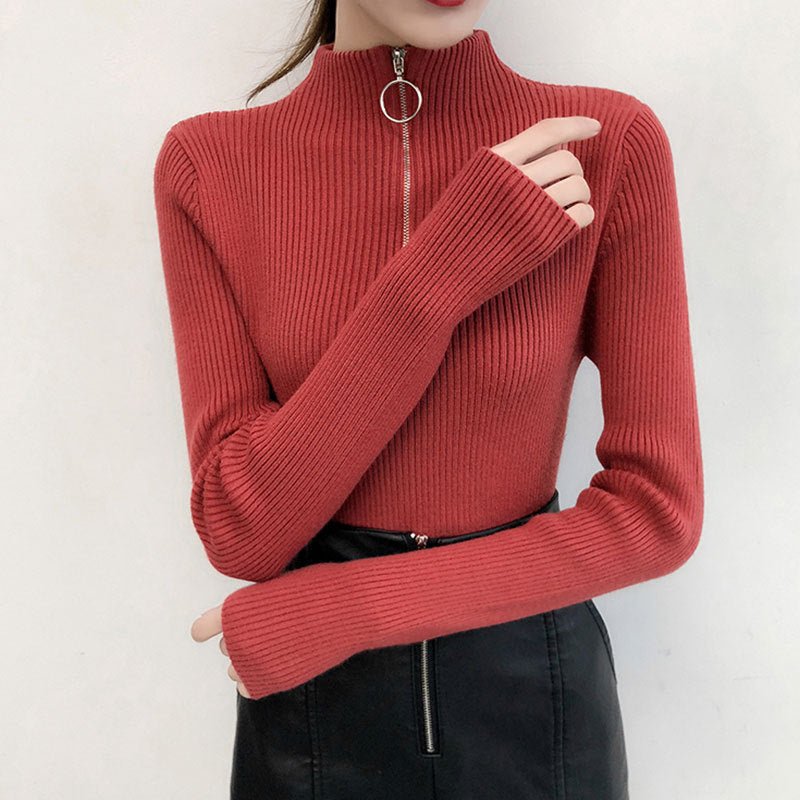 Half turtleneck ring zipper slim fit long sleeves knitted sweater top - Negative Apparel