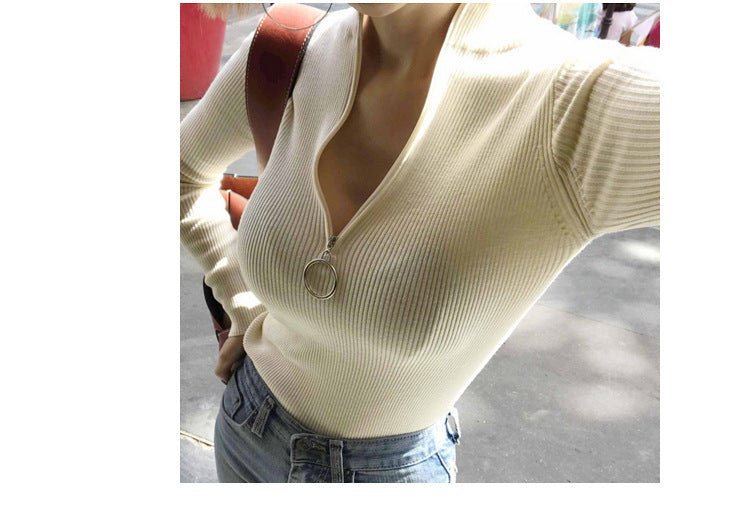 Half turtleneck ring zipper slim fit long sleeves knitted sweater top - Negative Apparel